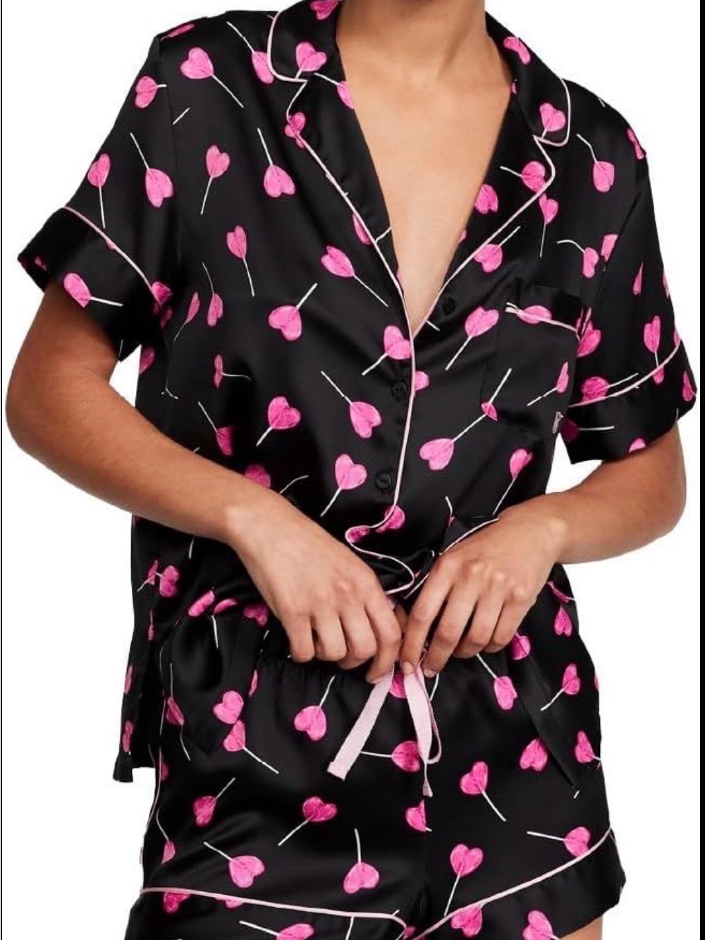 Women's Black Satin Short Pajama Set with Pink Heart lollipop Print